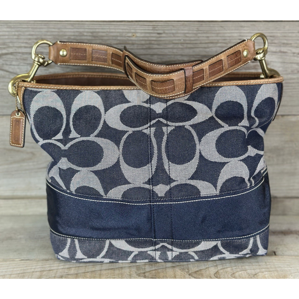 COACH 11182 Purse Signature Stripe BLUE Denim Tote Shoulder Bucket Bag Purse